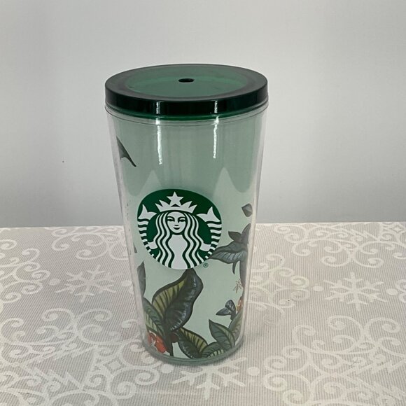 Starbucks 16 Fl Oz Plastic Tumbler Green Lid & Tropical Leaf Design 2021 Straw n - Picture 1 of 5